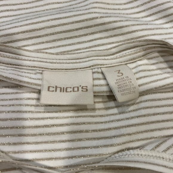 Chico's Ivory W/ Gold Metallic Striped V-Neck Short Sleeve Blouse Size XL - Picture 10 of 10